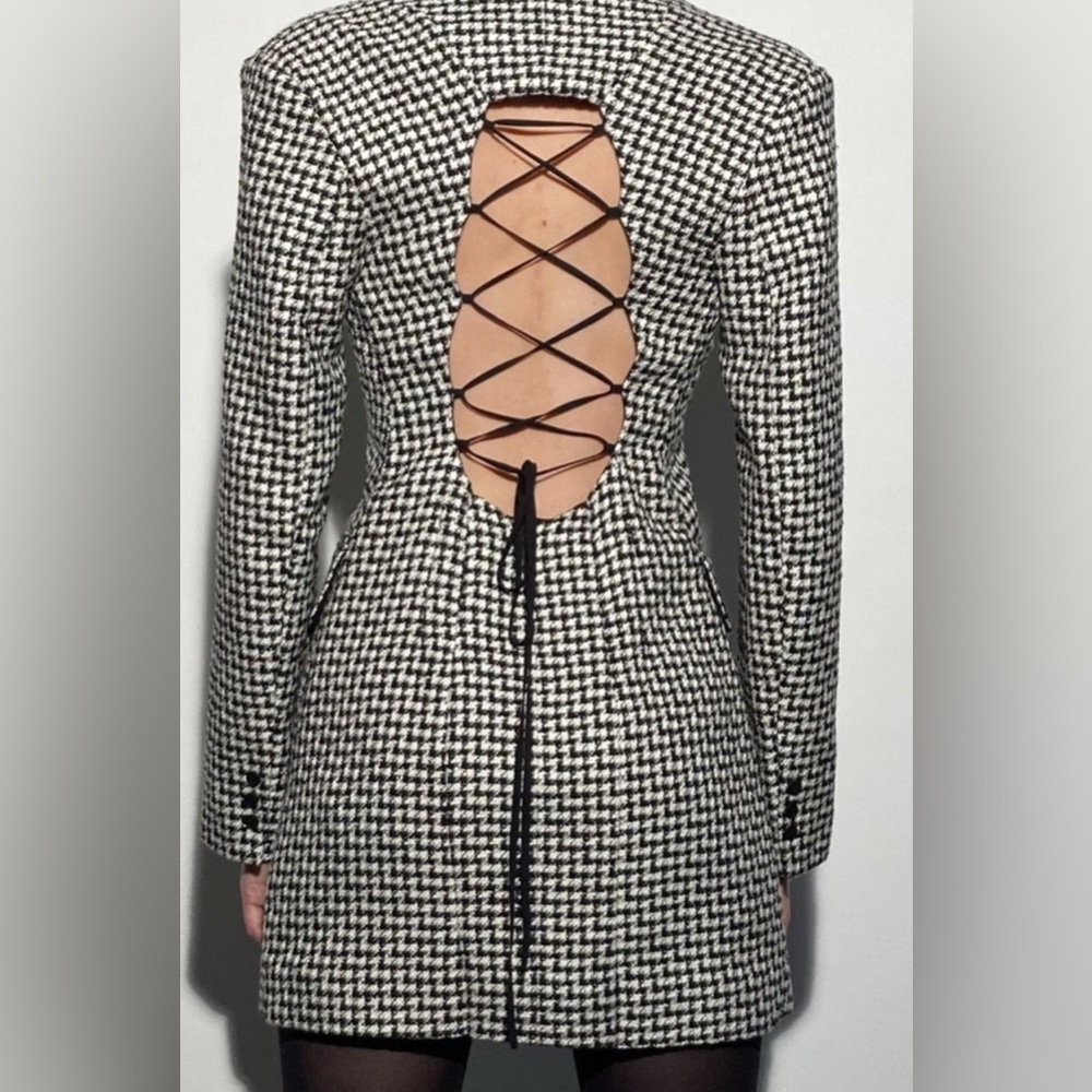 ZARA Tweed Houndstooth Lace Up Open Back Preppy Academia Blazer Mini Dress XS